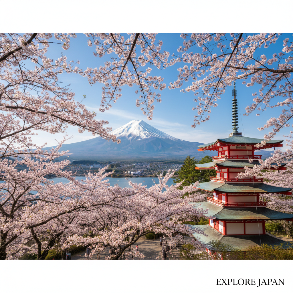 활짝 피어난 분홍빛 벚꽃 사이로 보이는 설산의 후지산과 충령탑의 조화로운 모습이 담긴 맑고 깨끗한 봄날의 전경