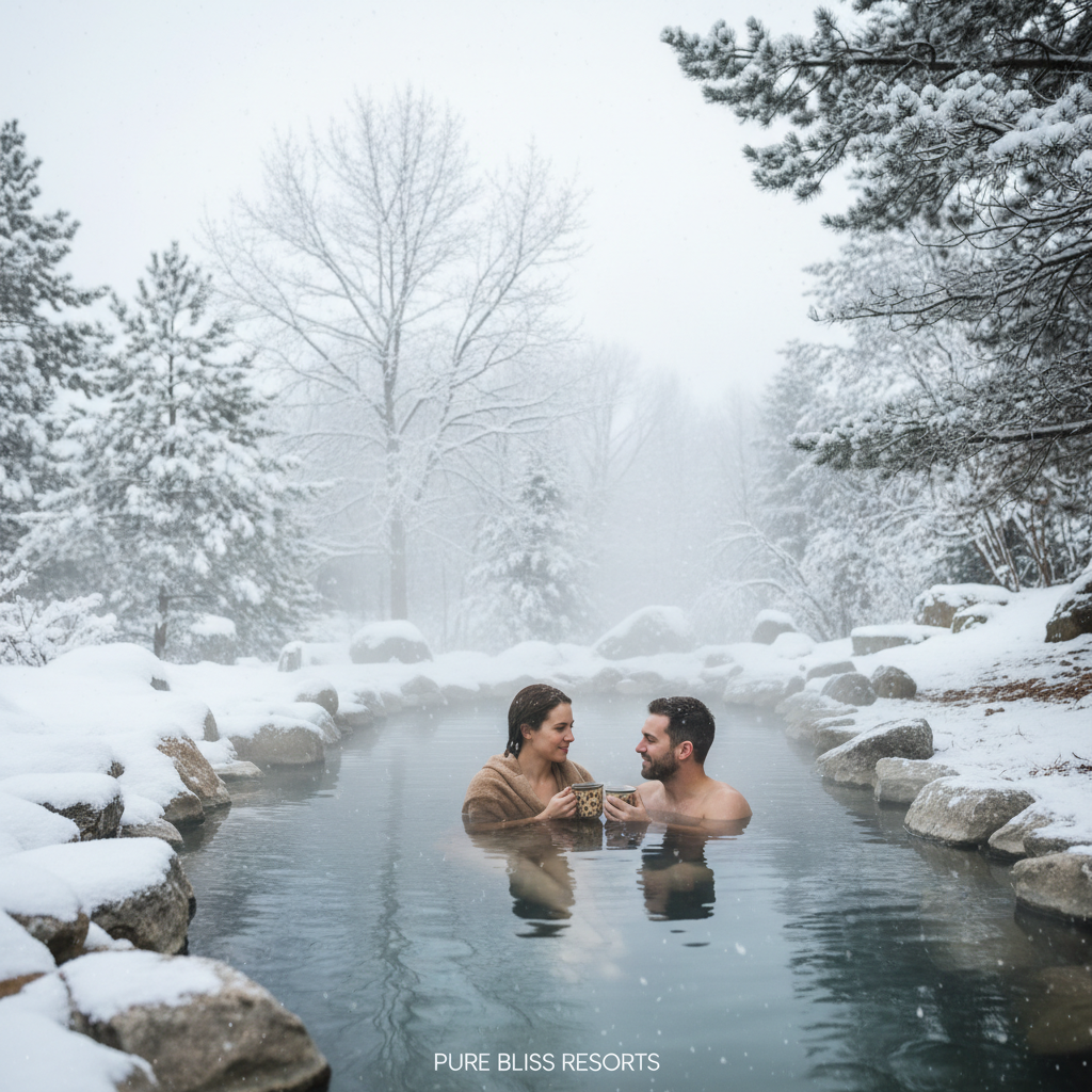 눈 내리는 겨울날 노천 온천에서 피어오르는 하얀 수증기와 주변의 눈 덮인 바위 및 소나무가 어우러진 평온한 휴식의 순간